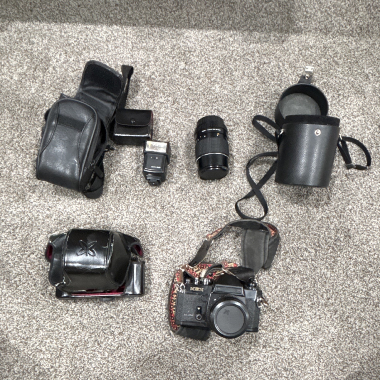 Sears KSX Black 35mm SLR Film Camera with Lens, Flash, and Cases