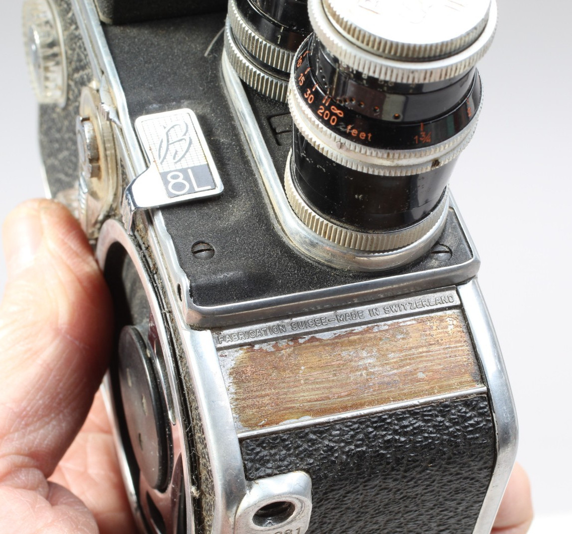 BOLEX B8L REGULAR 8MM MOVIE CAMERA W KERN 13MM 1.9 & 36MM 2.8 LENSES WORKS
