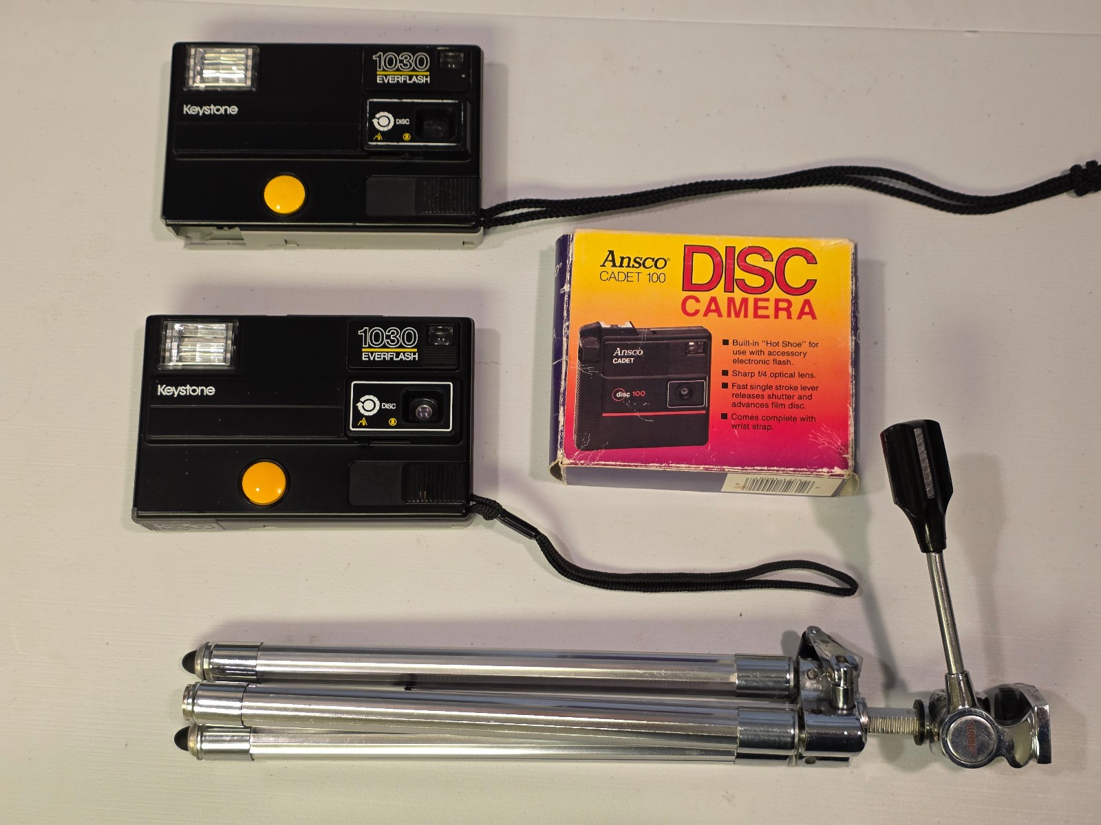 1980s Ansco Cadet & Keystone 1030 Disc Cameras and SUNSET brand Camera Stand