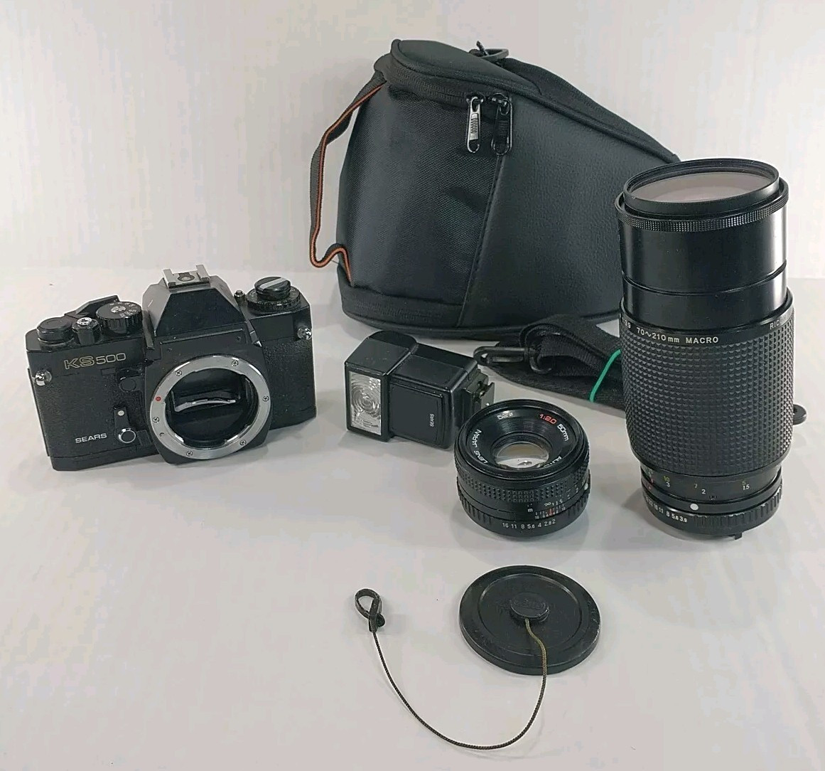 Sears KS500 35mm SLR Film Camera 50mm Lens 70-210 Lens Flash & Case Tested