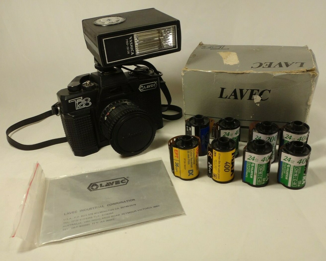 Lavec T28 35mm Camera Yashica Pro-50 DX Flash 8 Rolls Film Box Manual Strap GUC