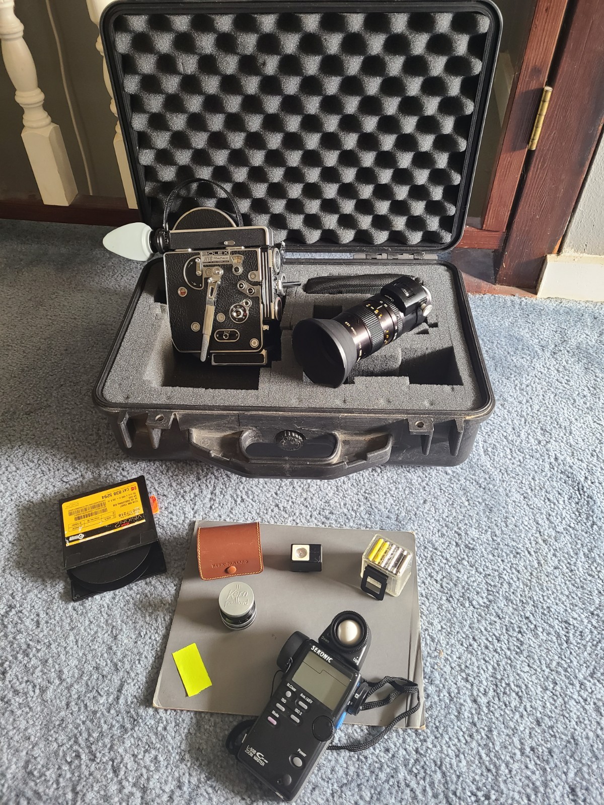 Bolex H16 REX4 16mm film camera -pelican, sekonic, 16m kern-paillard, canon zoom