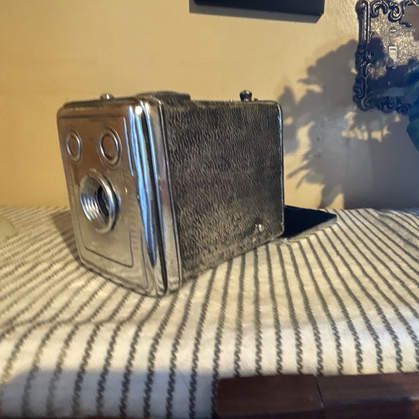 Vintage Box Camera Model Black Textured Body with Silver Metal Front