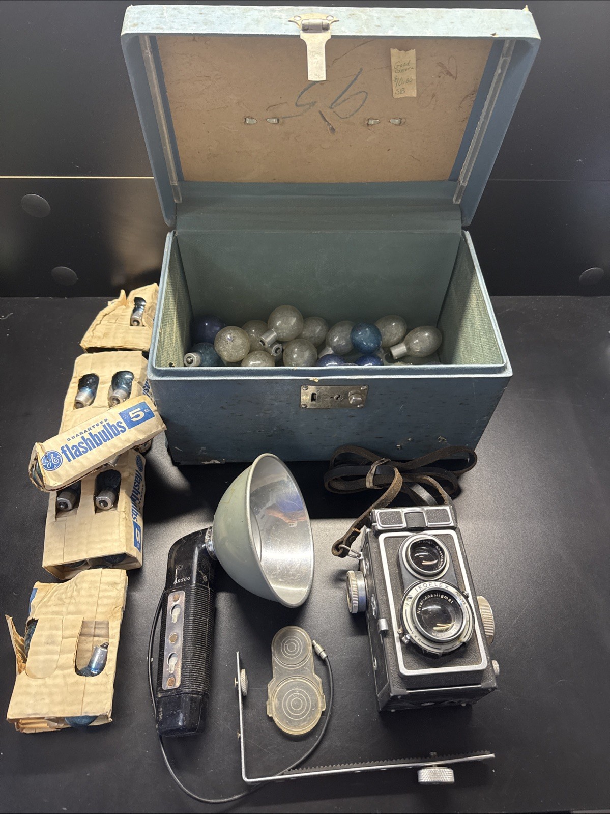 Zeiss Ikon IKOFLEX TLR Tessar 75mm F3.5 W/ Ansco Flash 48 Flashbulbs Case #a