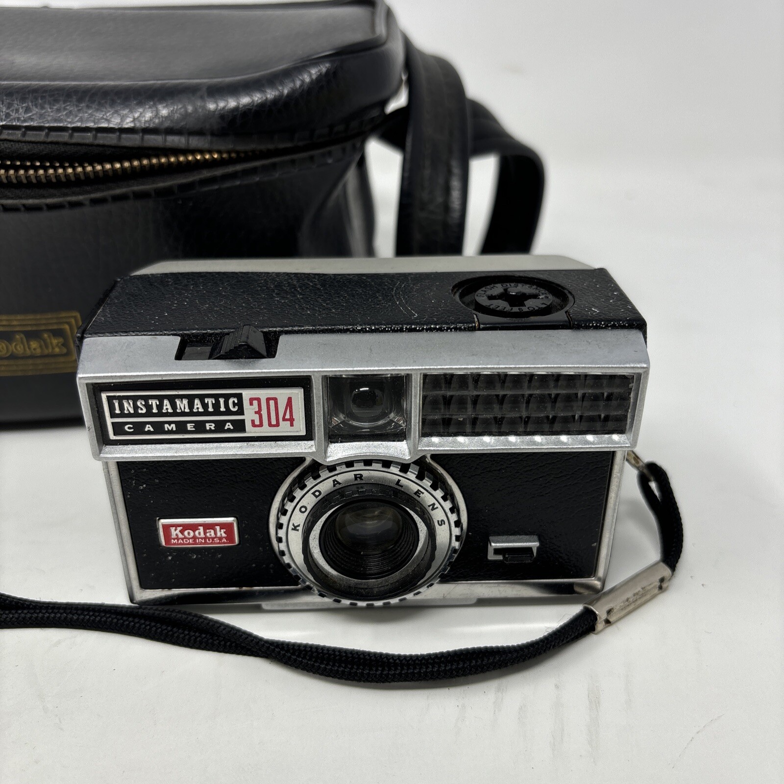 Vintage Kodak Instamatic 304 Black & Silver Camera And case Untested