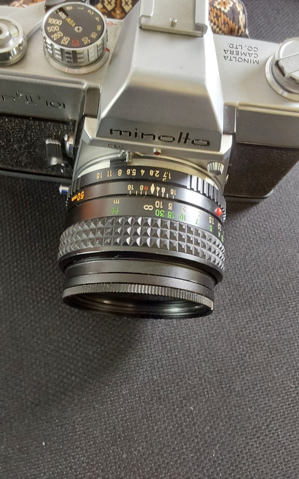 Minolta SR-T 101 35mm SLR Film Camera with 2 Lenses, Flash, Light Meter, & Case