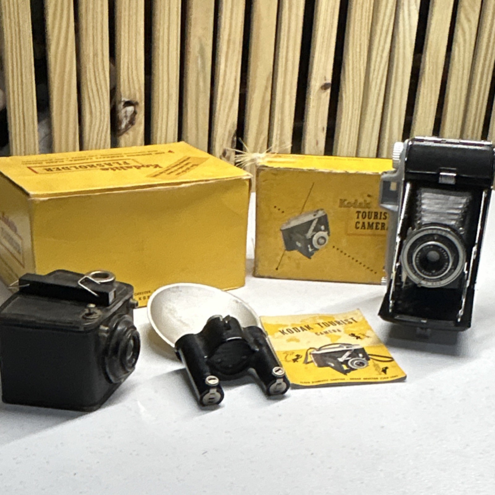 Kodak Tourist II Folding Camera & Brownie Hawkeye w/ Flashholder & Box