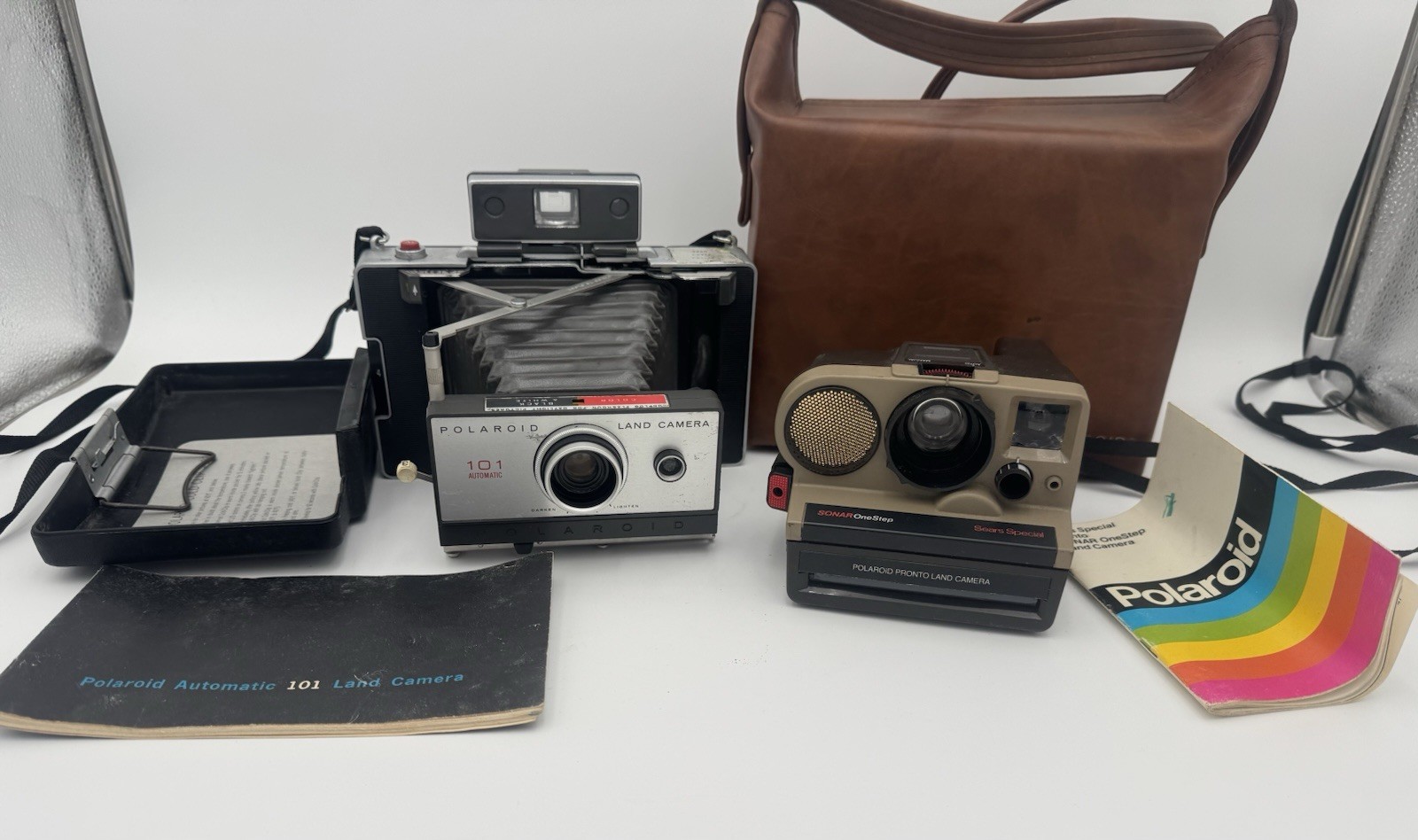Vintage Polaroid Instant Land Camera 101 & One Step Sonar Lot W/ Cases Manuals