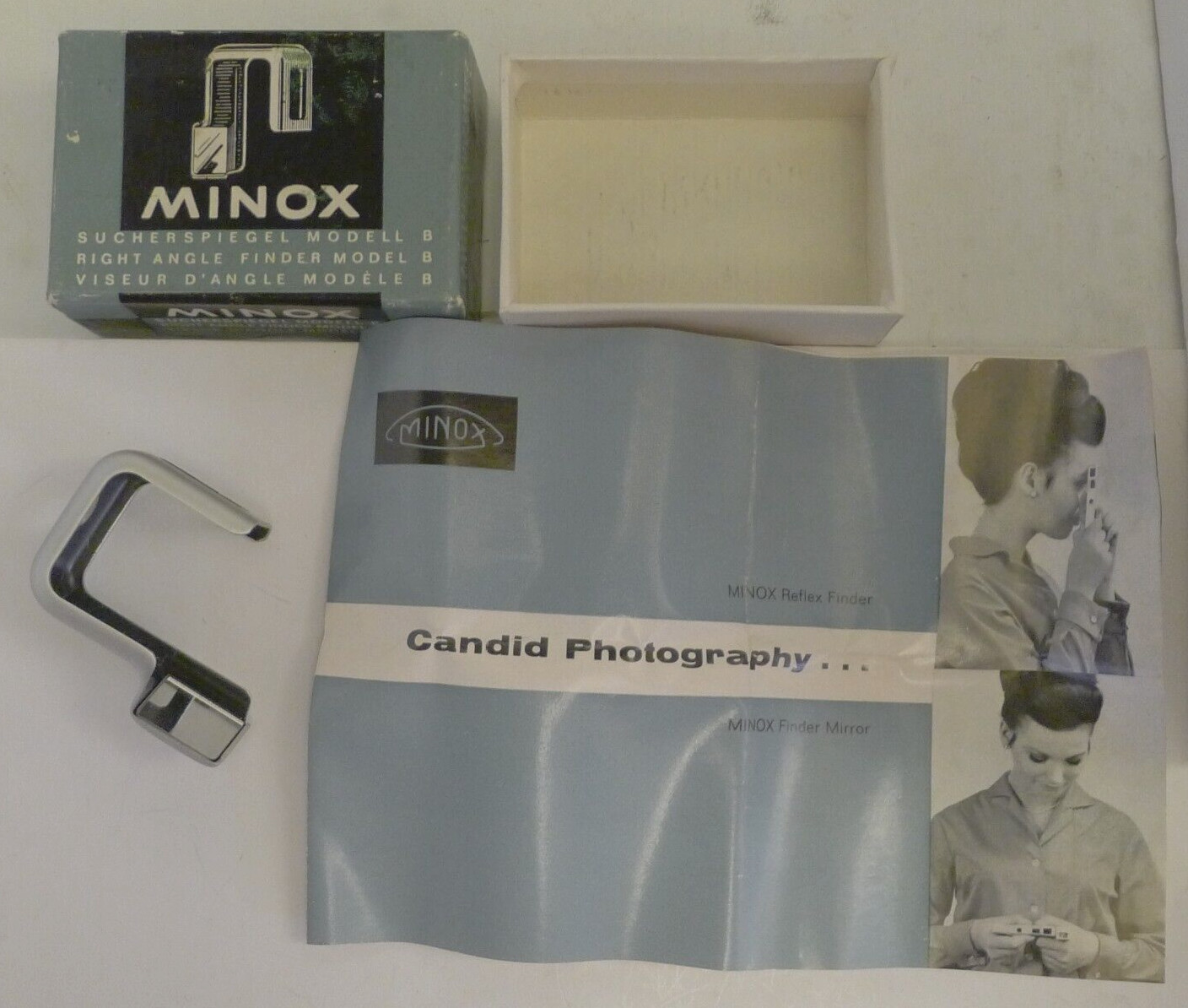 Minox Model B Right Angle Reflex Finder Mirror +Box & Brochure – 1960s Germany G