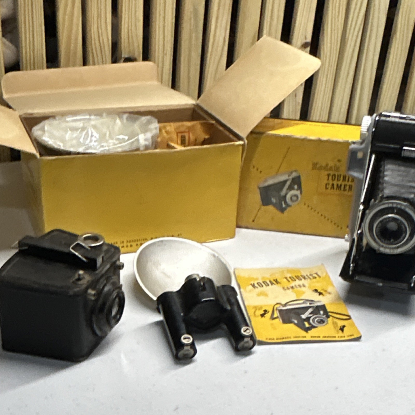 Kodak Tourist II Folding Camera & Brownie Hawkeye w/ Flashholder & Box