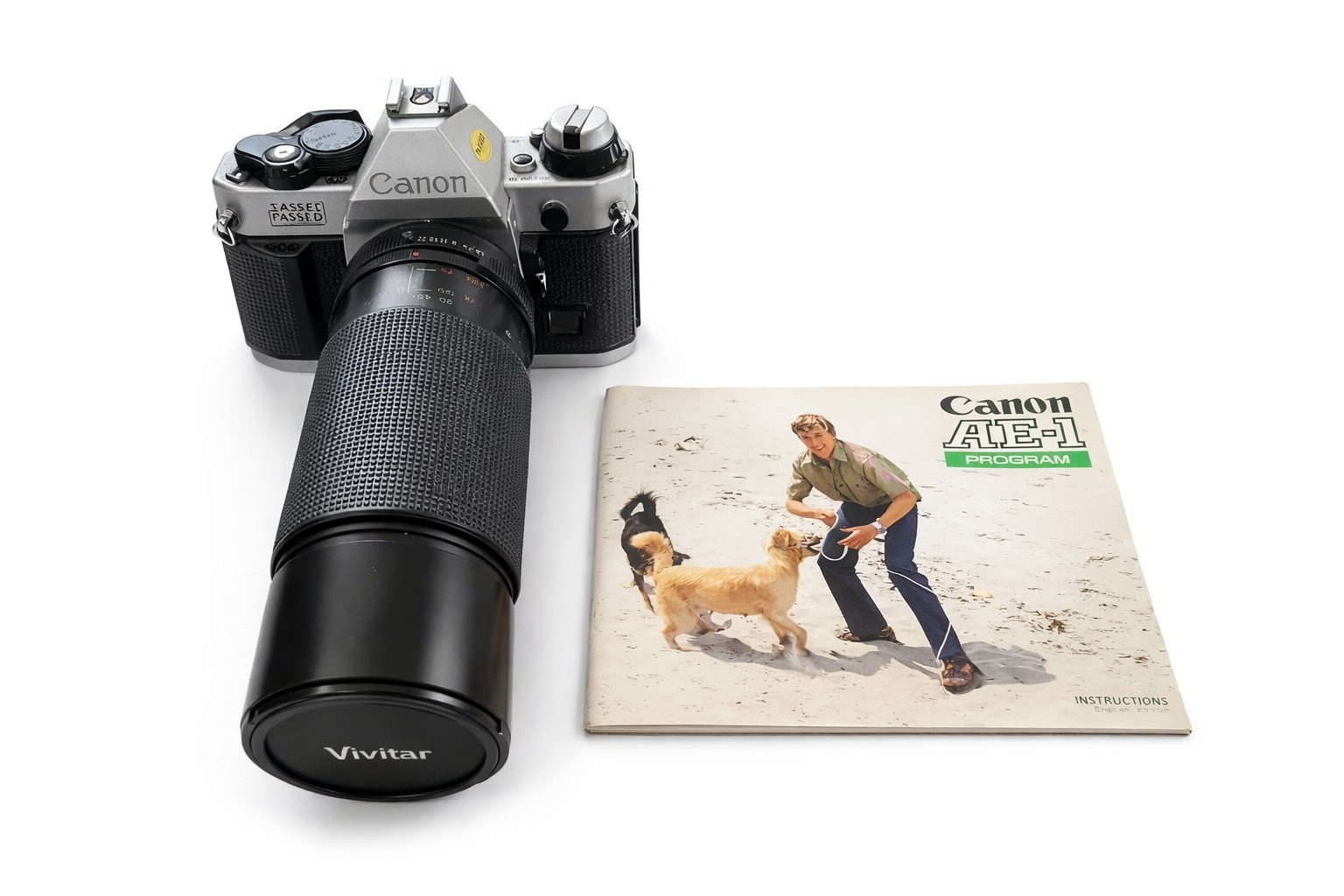 Canon AE-1 Program Vintage 35mm Film Camera Black Silver with Vivitar Lens