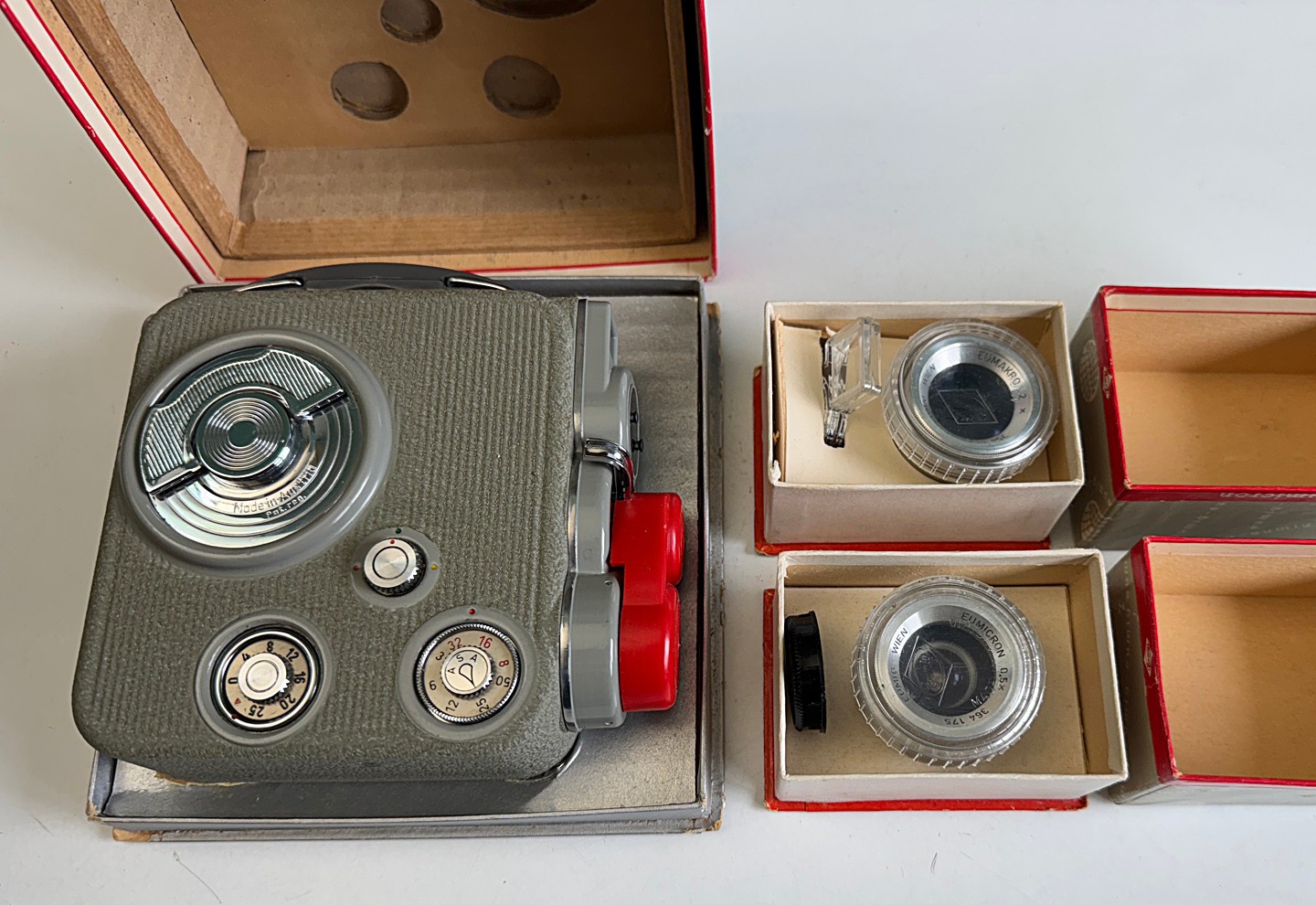 Vintage Eumig C3 8mm Movie Camera with Eumicro and Eumicron lens adapters, boxes