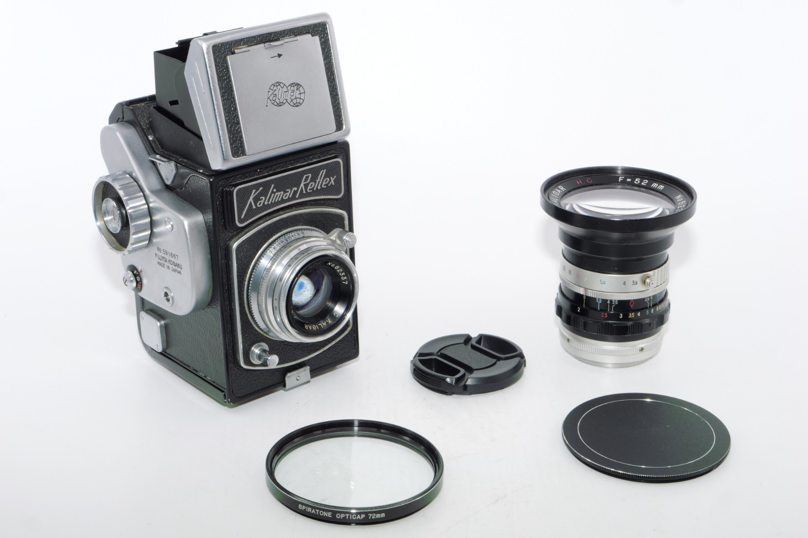 Kalimar Reflex SL 6x6cm SLR camera. Kaligar 52mm & 80mm f3.5 lenses. CLA’d.