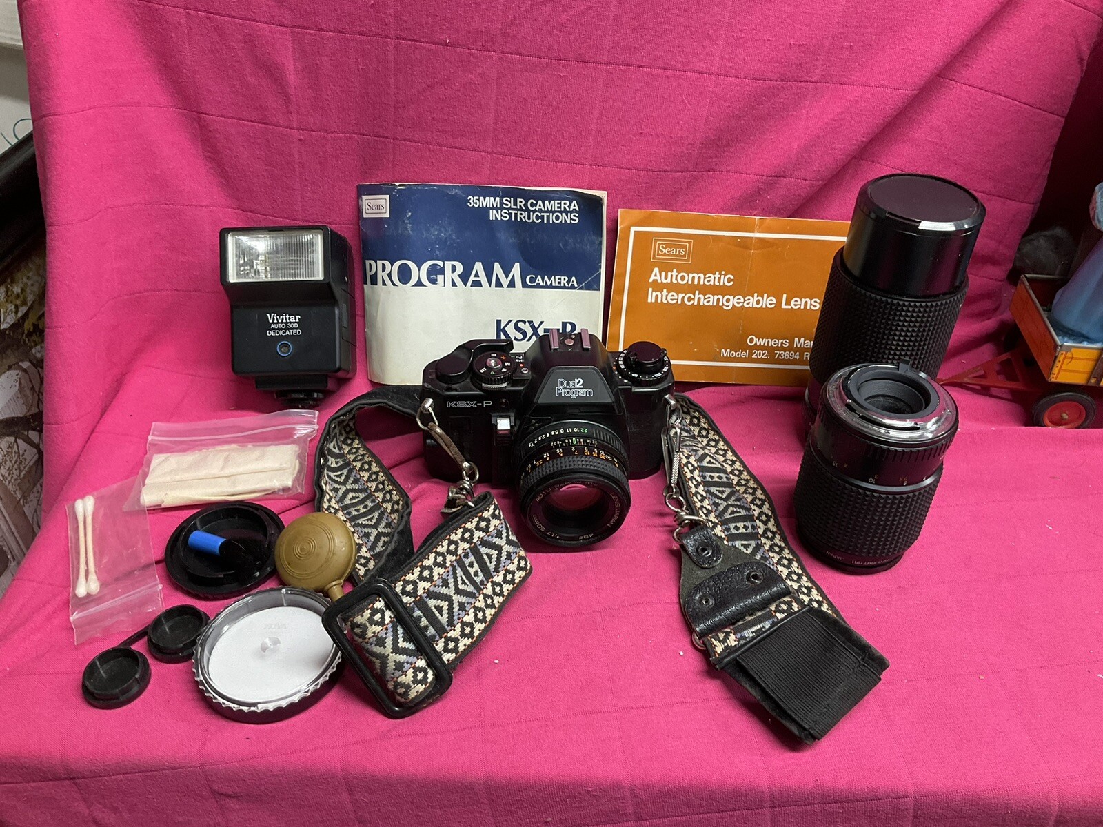 Vintage Sears KSX-P 35mm SLR Film Camera w/ Lenses Flash Filters Manuals