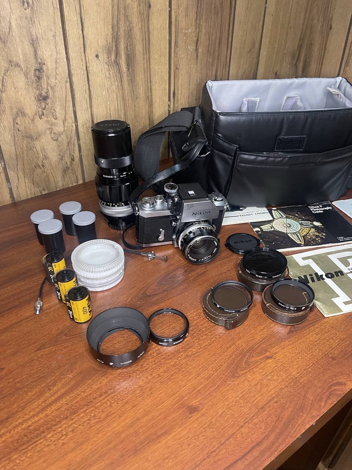 Vintage Nikon F SLR Camera Kit Black Silver with Lenses Filters Manuals Bag Film